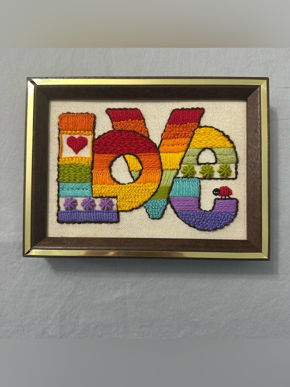 VTG 1970s Sunset Designs "LOVE" Framed Stitchery Completed Rainbow Ladybug